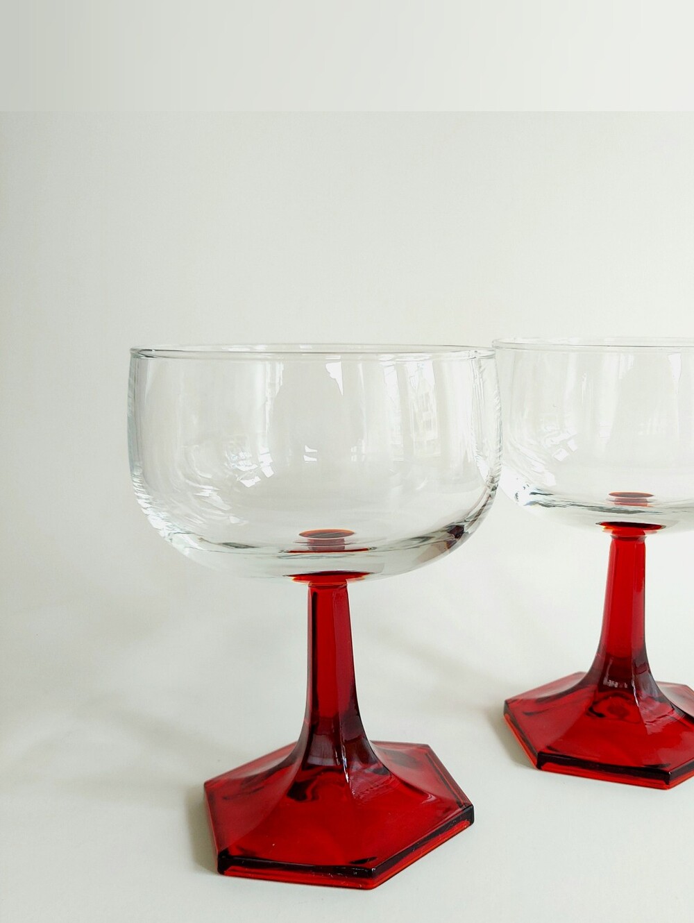 Vintage Luminarc France Ruby Red Hexagon Coupe Glass Set of 2 Mid-Century MCM